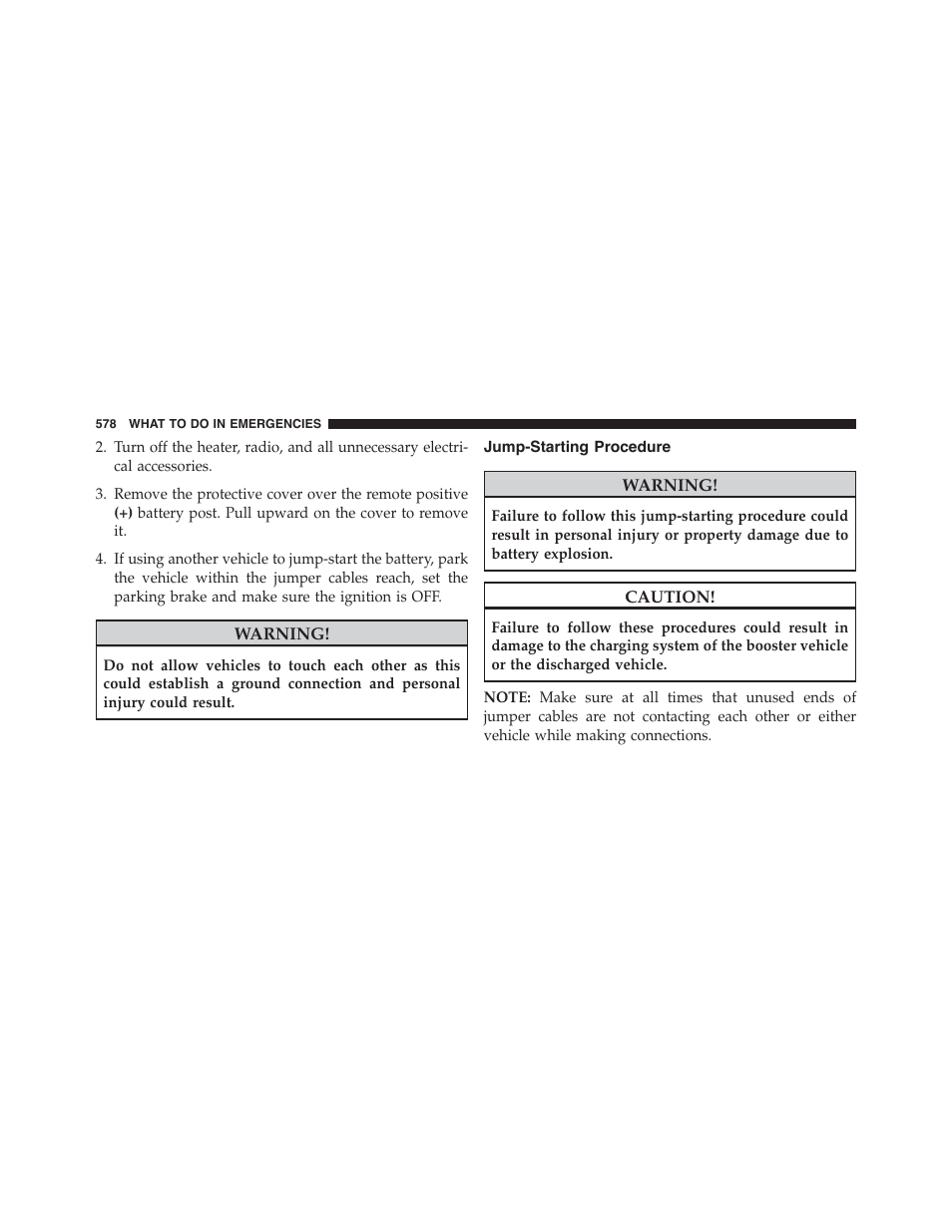 Jump-starting procedure | Jeep 2015 Grand Cherokee - Owner Manual User Manual | Page 580 / 709