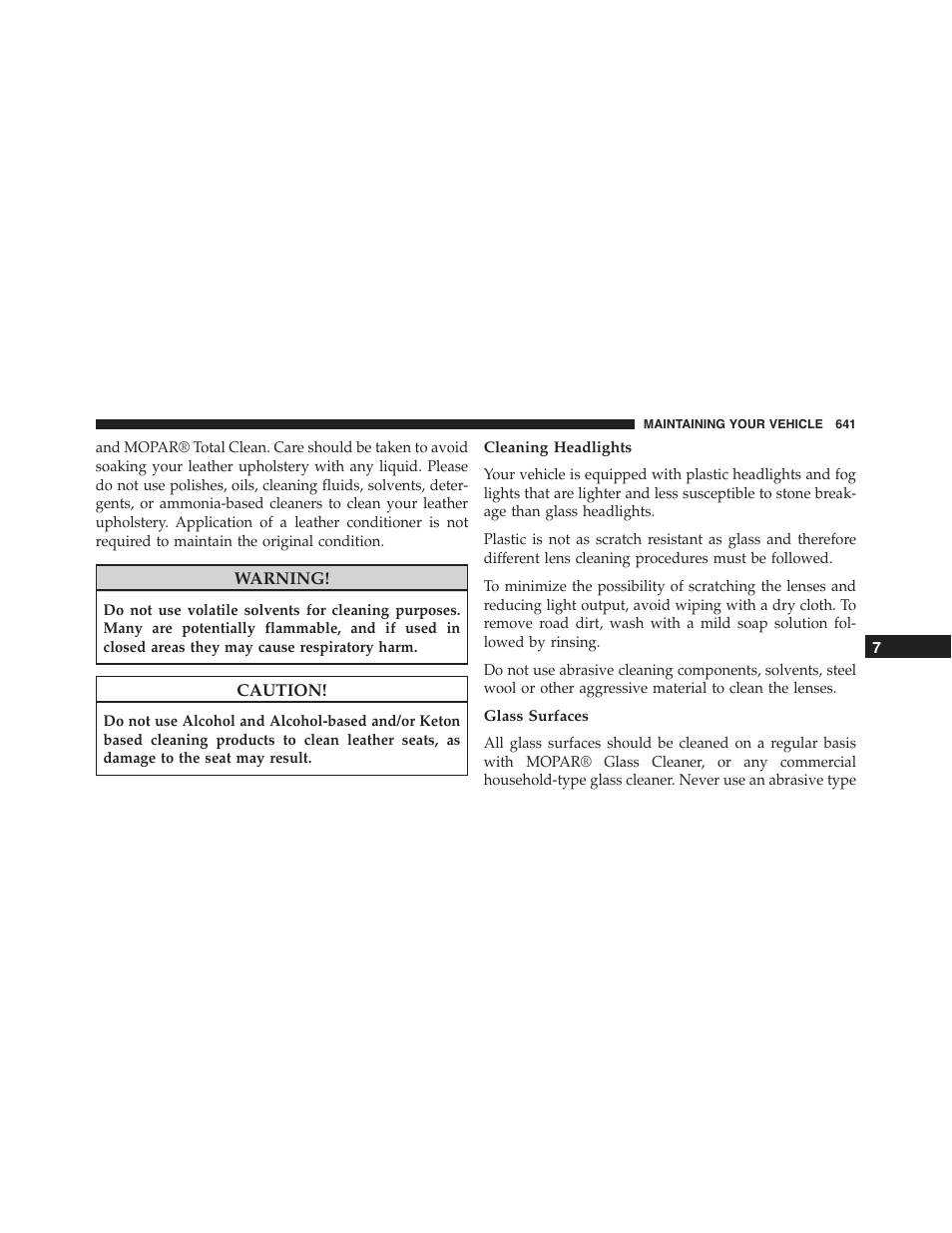 Cleaning headlights, Glass surfaces | Jeep 2015 Grand Cherokee - Owner Manual User Manual | Page 643 / 709