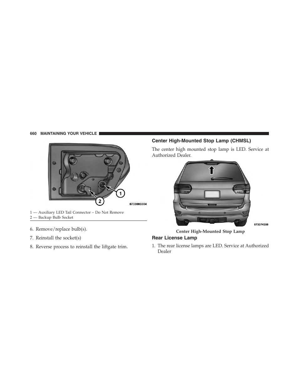 Center high-mounted stop lamp (chmsl), Rear license lamp | Jeep 2015 Grand Cherokee - Owner Manual User Manual | Page 662 / 709