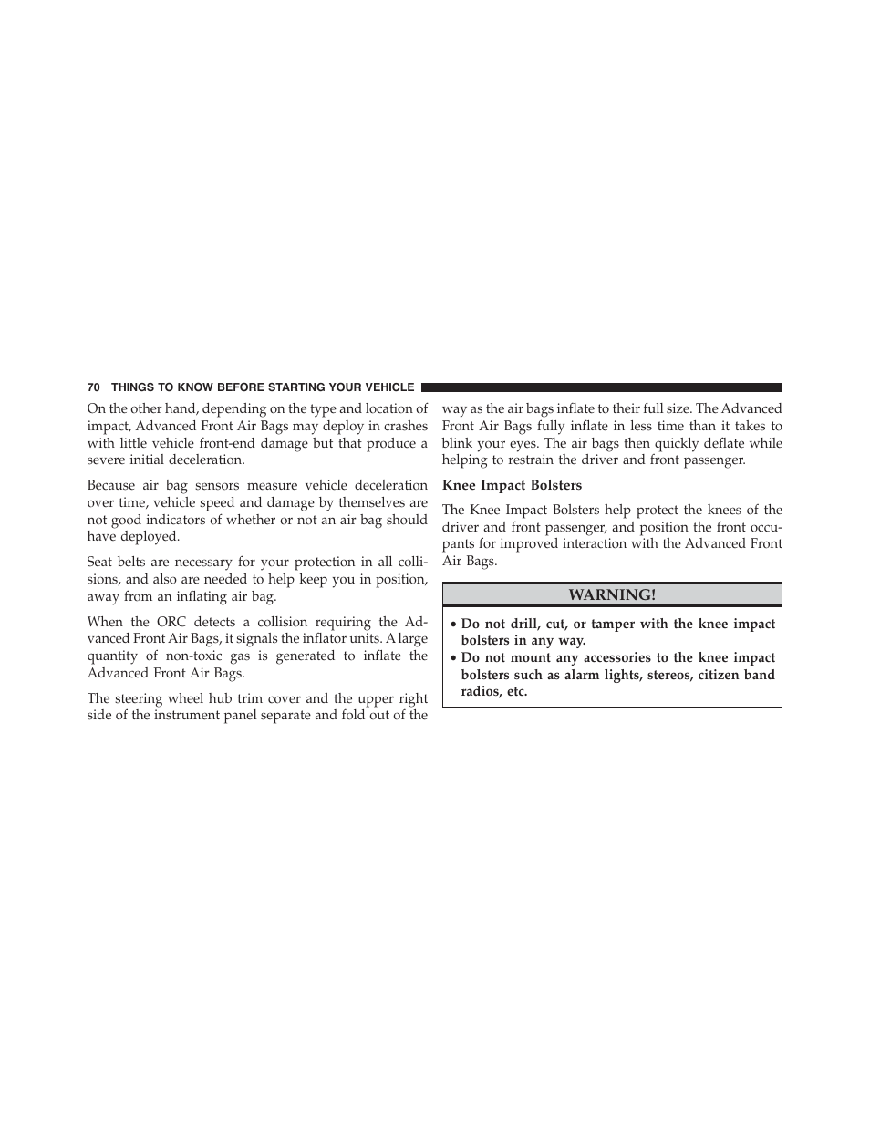Knee impact bolsters | Jeep 2015 Grand Cherokee - Owner Manual User Manual | Page 72 / 709
