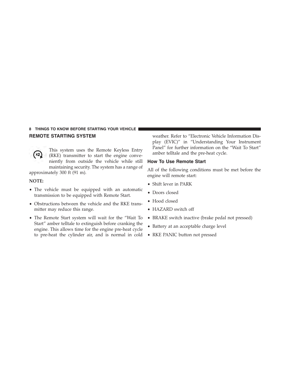 Remote starting system, How to use remote start | Jeep 2015 Grand Cherokee - Diesel Supplement User Manual | Page 10 / 122