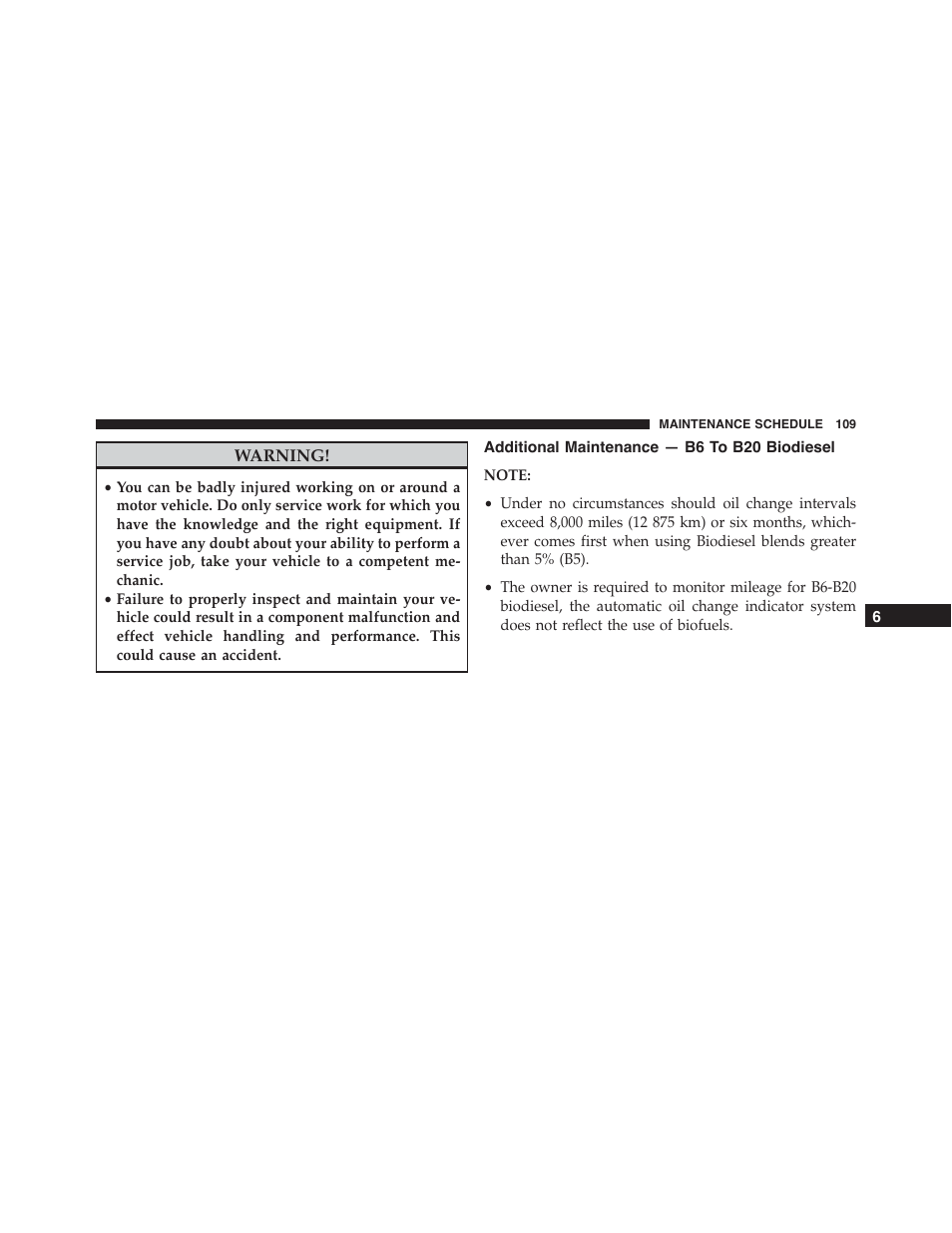 Additional maintenance — b6 to b20 biodiesel, Additional maintenance — b6 to b20, Biodiesel | Jeep 2015 Grand Cherokee - Diesel Supplement User Manual | Page 111 / 122