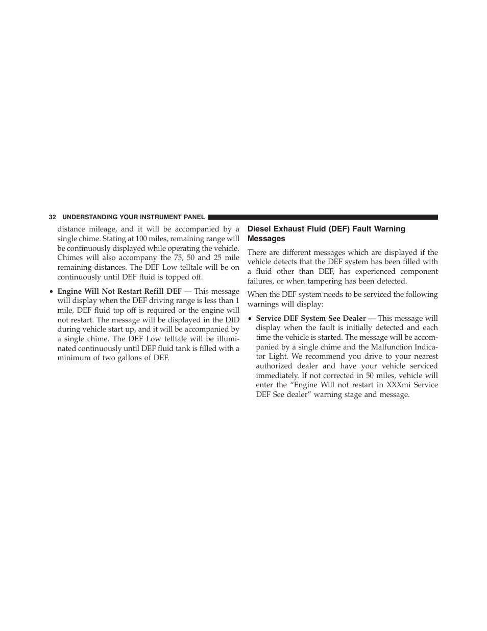 Diesel exhaust fluid (def) fault warning messages, Diesel exhaust fluid (def) fault warning, Messages | Jeep 2015 Grand Cherokee - Diesel Supplement User Manual | Page 34 / 122