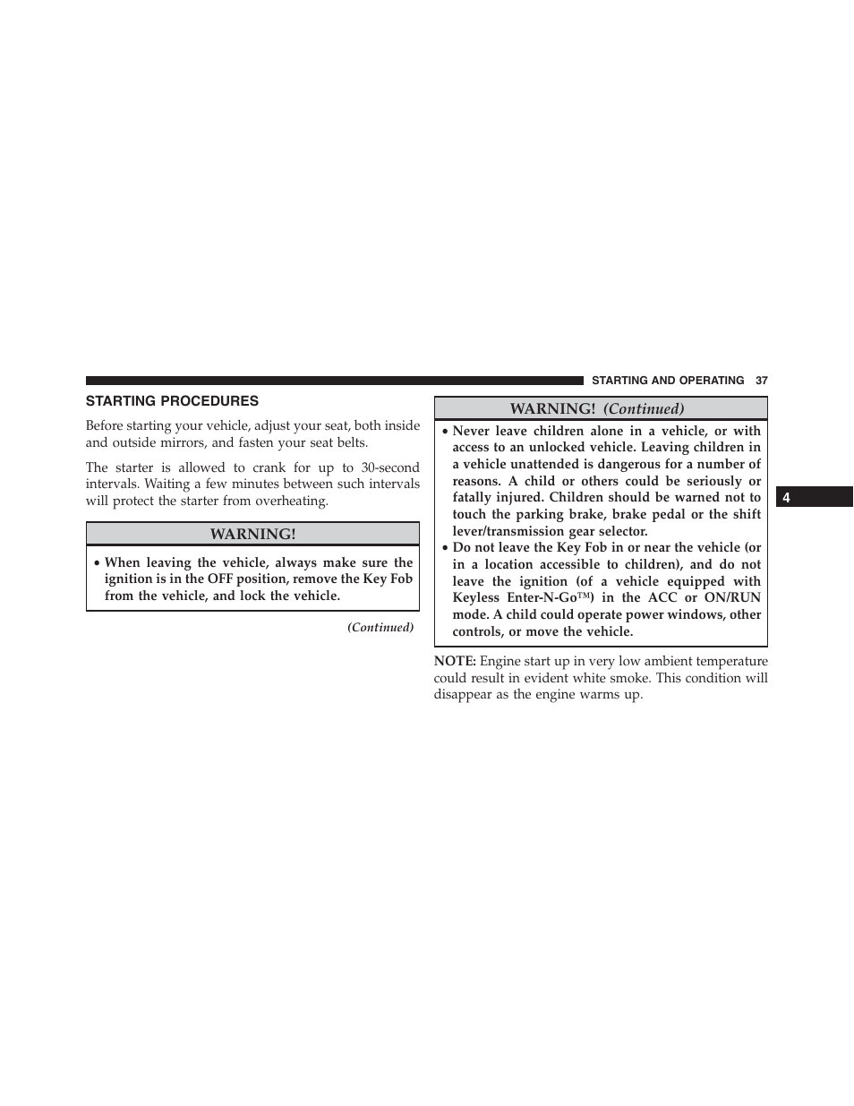 Starting procedures | Jeep 2015 Grand Cherokee - Diesel Supplement User Manual | Page 39 / 122