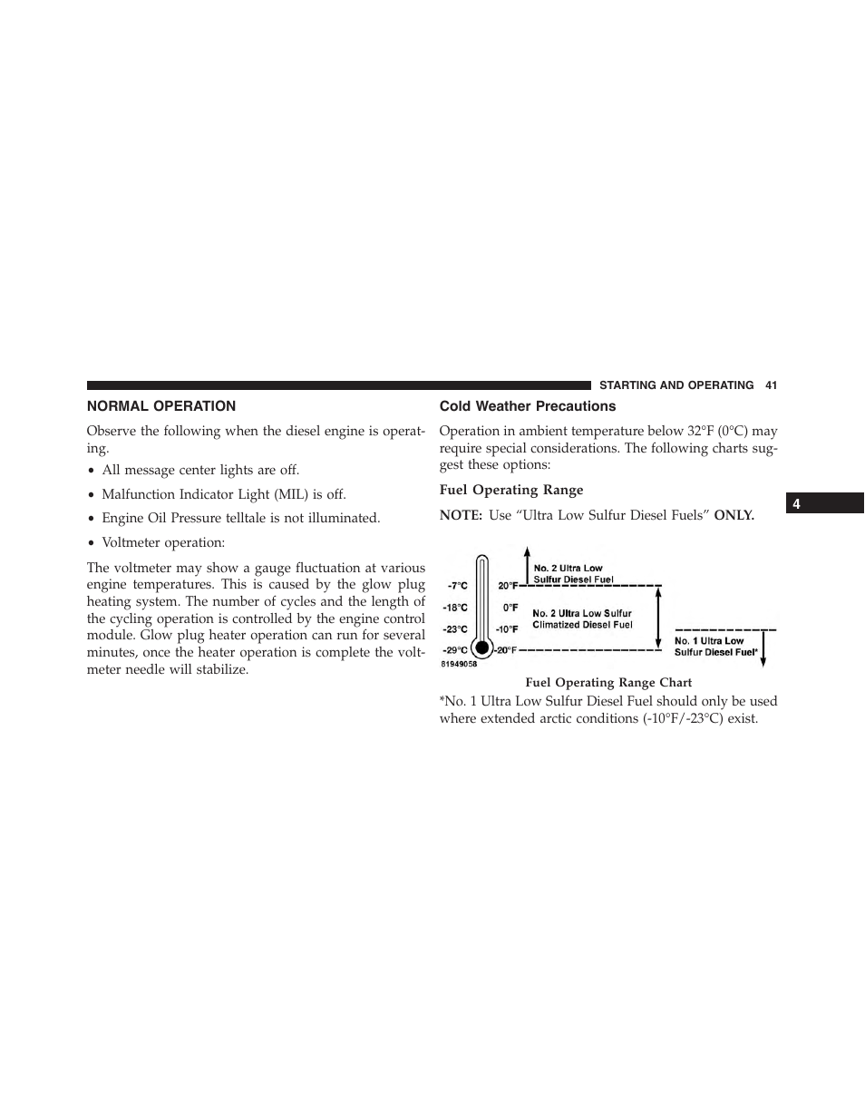 Normal operation, Cold weather precautions, Fuel operating range | Jeep 2015 Grand Cherokee - Diesel Supplement User Manual | Page 43 / 122