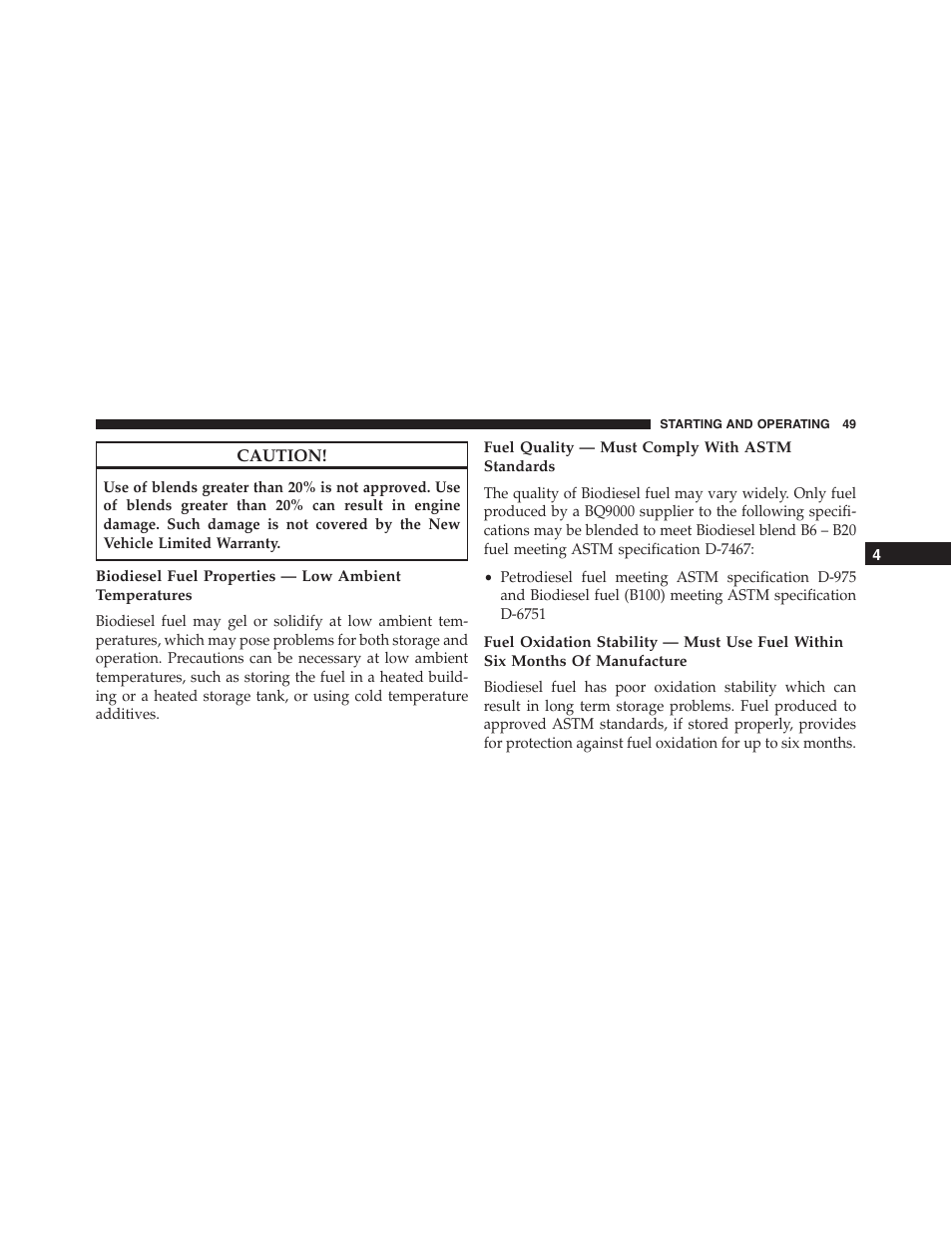 Fuel quality — must comply with astm standards | Jeep 2015 Grand Cherokee - Diesel Supplement User Manual | Page 51 / 122