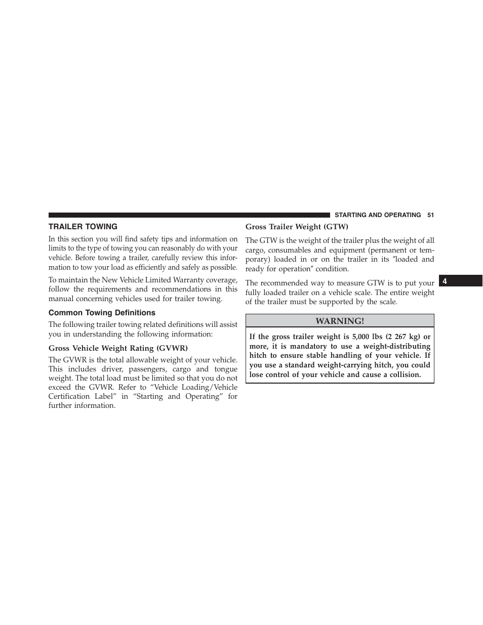 Trailer towing, Common towing definitions, Gross vehicle weight rating (gvwr) | Gross trailer weight (gtw) | Jeep 2015 Grand Cherokee - Diesel Supplement User Manual | Page 53 / 122