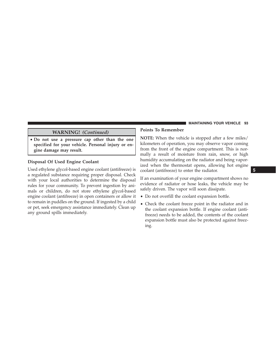 Disposal of used engine coolant, Points to remember | Jeep 2015 Grand Cherokee - Diesel Supplement User Manual | Page 95 / 122