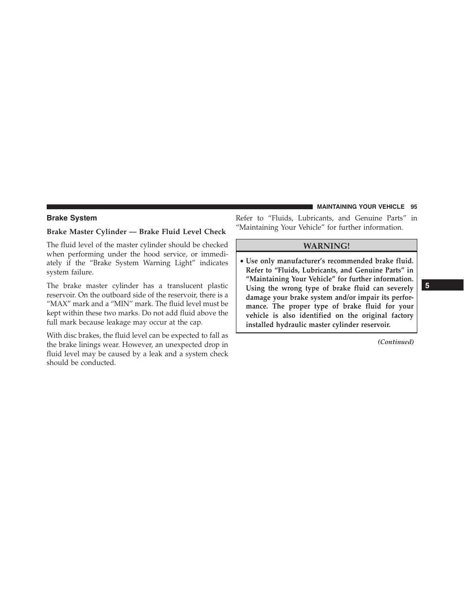 Brake system, Brake master cylinder — brake fluid level check | Jeep 2015 Grand Cherokee - Diesel Supplement User Manual | Page 97 / 122