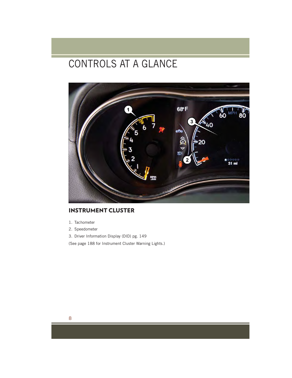 Instrument cluster, Controls at a glance | Jeep 2015 Grand Cherokee SRT - User Guide User Manual | Page 10 / 268