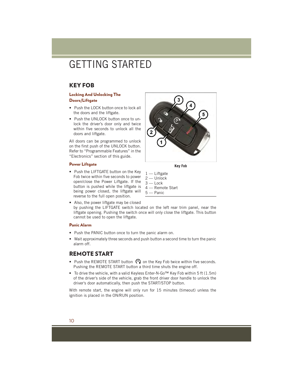 Getting started, Key fob, Locking and unlocking the doors/liftgate | Power liftgate, Panic alarm, Remote start | Jeep 2015 Grand Cherokee SRT - User Guide User Manual | Page 12 / 268