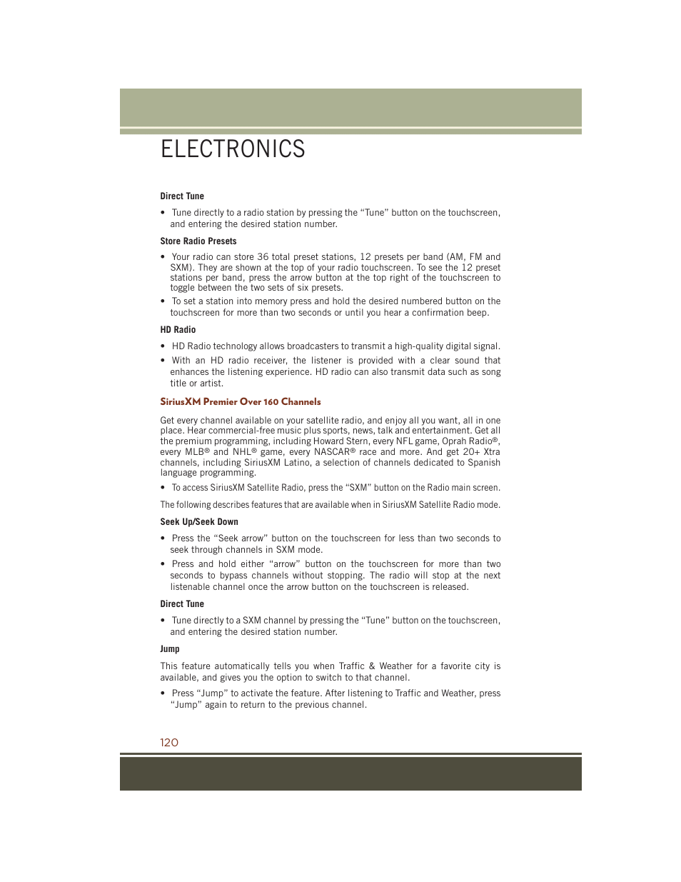 Siriusxm premier over 160 channels, Electronics | Jeep 2015 Grand Cherokee SRT - User Guide User Manual | Page 122 / 268