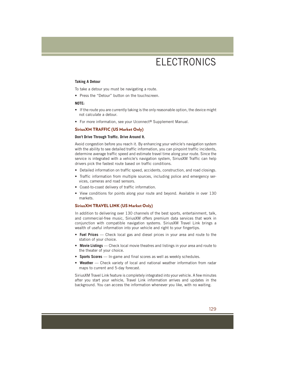 Siriusxm traffic (us market only), Siriusxm travel link (us market only), Electronics | Jeep 2015 Grand Cherokee SRT - User Guide User Manual | Page 131 / 268