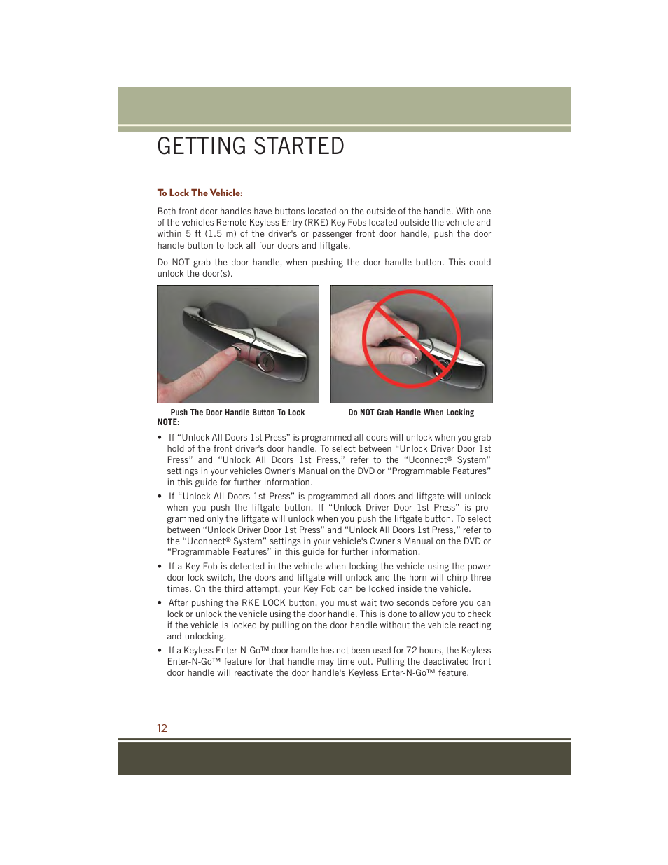 To lock the vehicle, Getting started | Jeep 2015 Grand Cherokee SRT - User Guide User Manual | Page 14 / 268