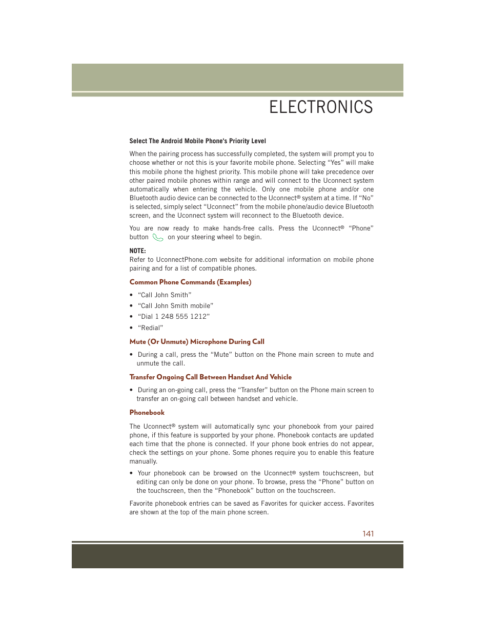 Common phone commands (examples), Mute (or unmute) microphone during call, Transfer ongoing call between handset and vehicle | Phonebook, Electronics | Jeep 2015 Grand Cherokee SRT - User Guide User Manual | Page 143 / 268