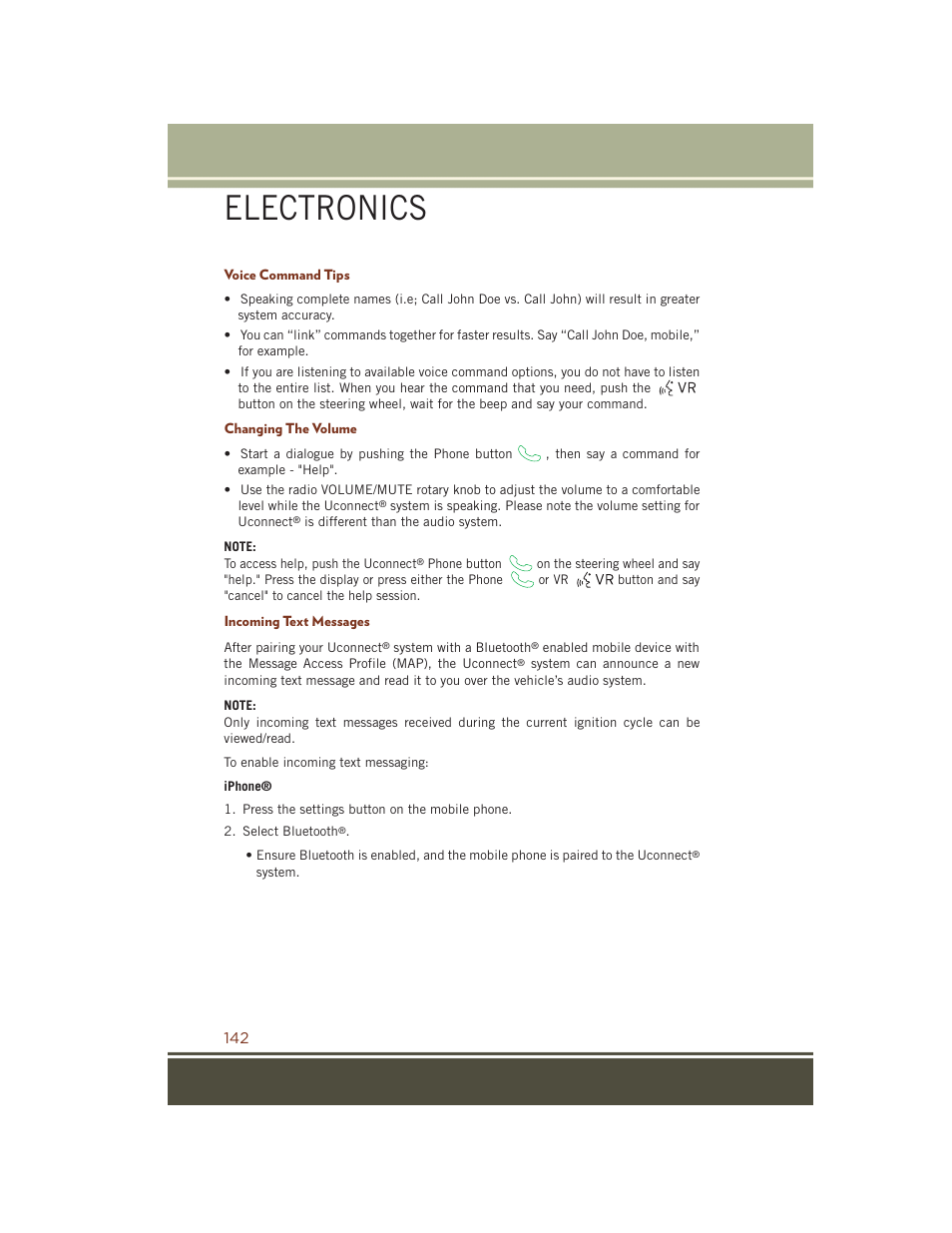 Voice command tips, Changing the volume, Incoming text messages | Electronics | Jeep 2015 Grand Cherokee SRT - User Guide User Manual | Page 144 / 268