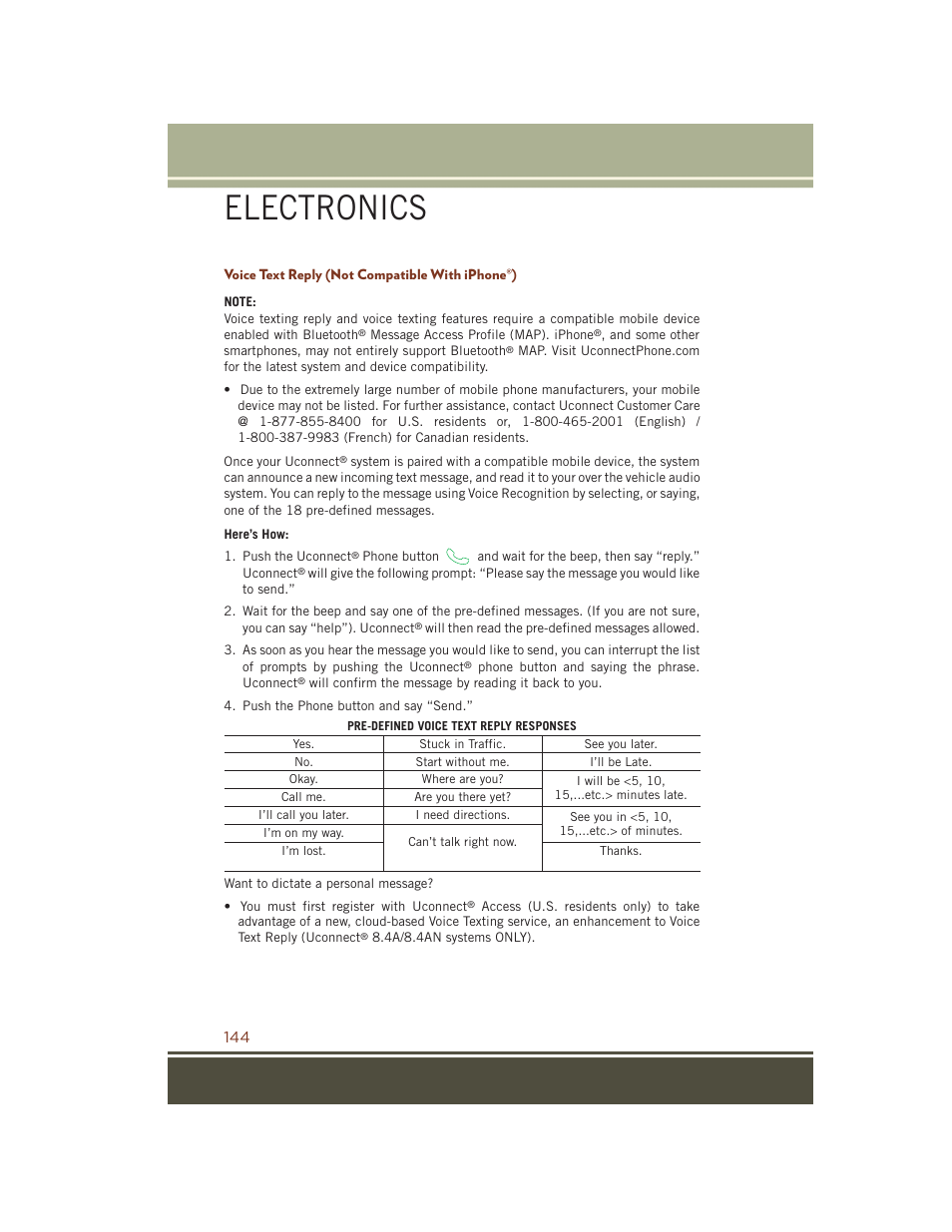 Voice text reply (not compatible with iphone®), Electronics | Jeep 2015 Grand Cherokee SRT - User Guide User Manual | Page 146 / 268