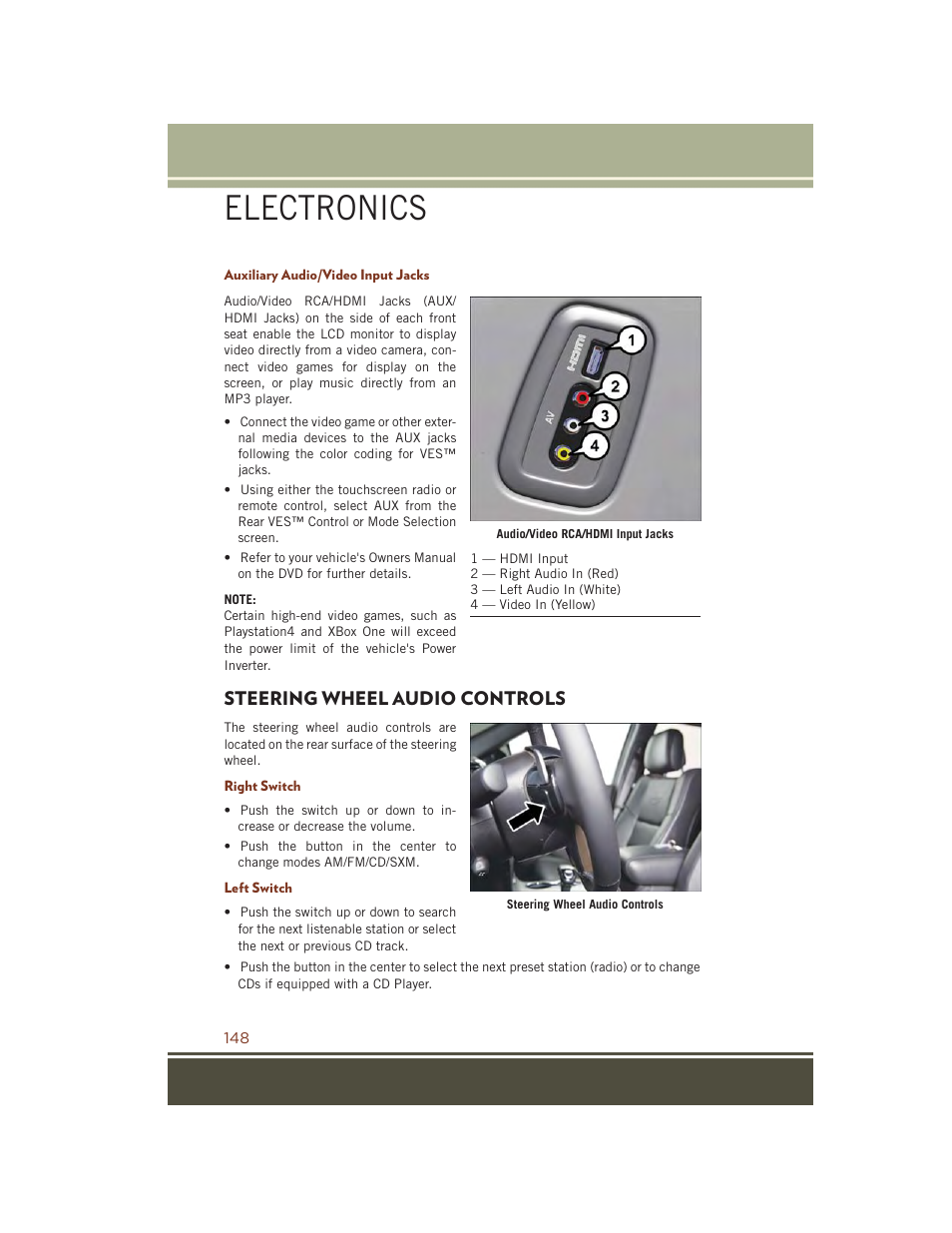 Auxiliary audio/video input jacks, Steering wheel audio controls, Right switch | Left switch, Steering wheel audio, Controls, Electronics | Jeep 2015 Grand Cherokee SRT - User Guide User Manual | Page 150 / 268