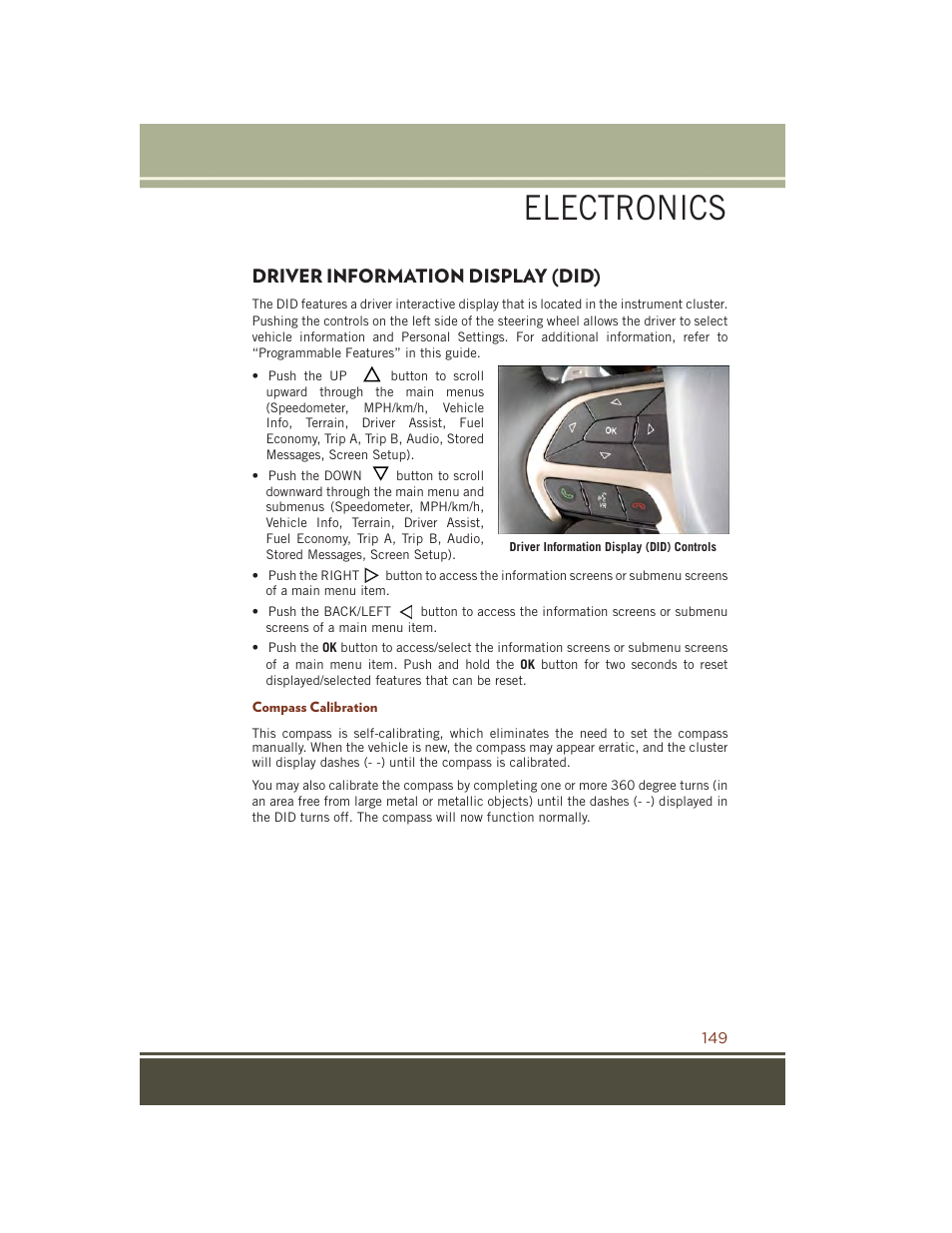 Driver information display (did), Compass calibration, Driver information display | Did), Electronics | Jeep 2015 Grand Cherokee SRT - User Guide User Manual | Page 151 / 268