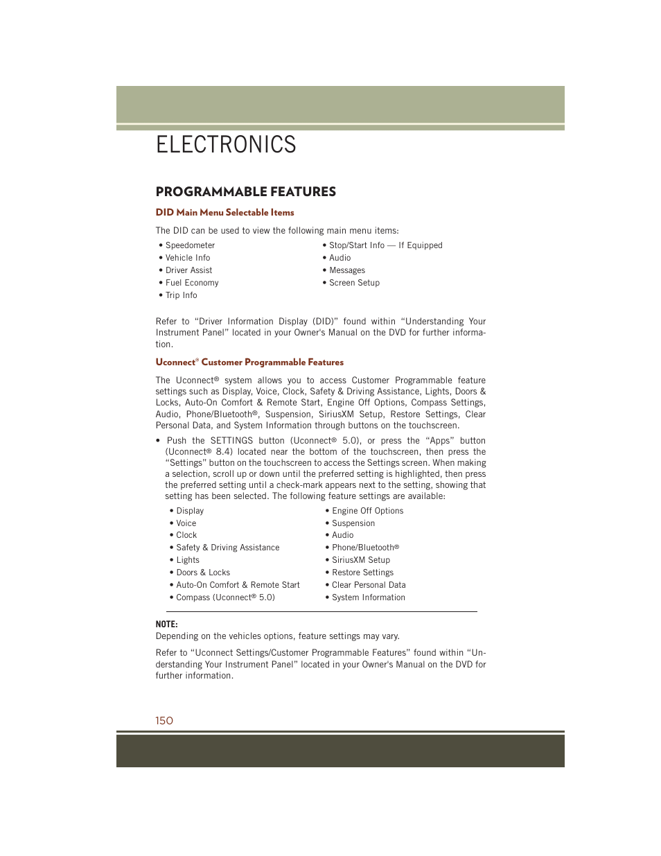 Programmable features, Did main menu selectable items, Uconnect® customer programmable features | Electronics | Jeep 2015 Grand Cherokee SRT - User Guide User Manual | Page 152 / 268