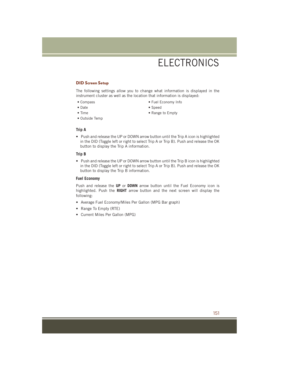 Did screen setup, Electronics | Jeep 2015 Grand Cherokee SRT - User Guide User Manual | Page 153 / 268