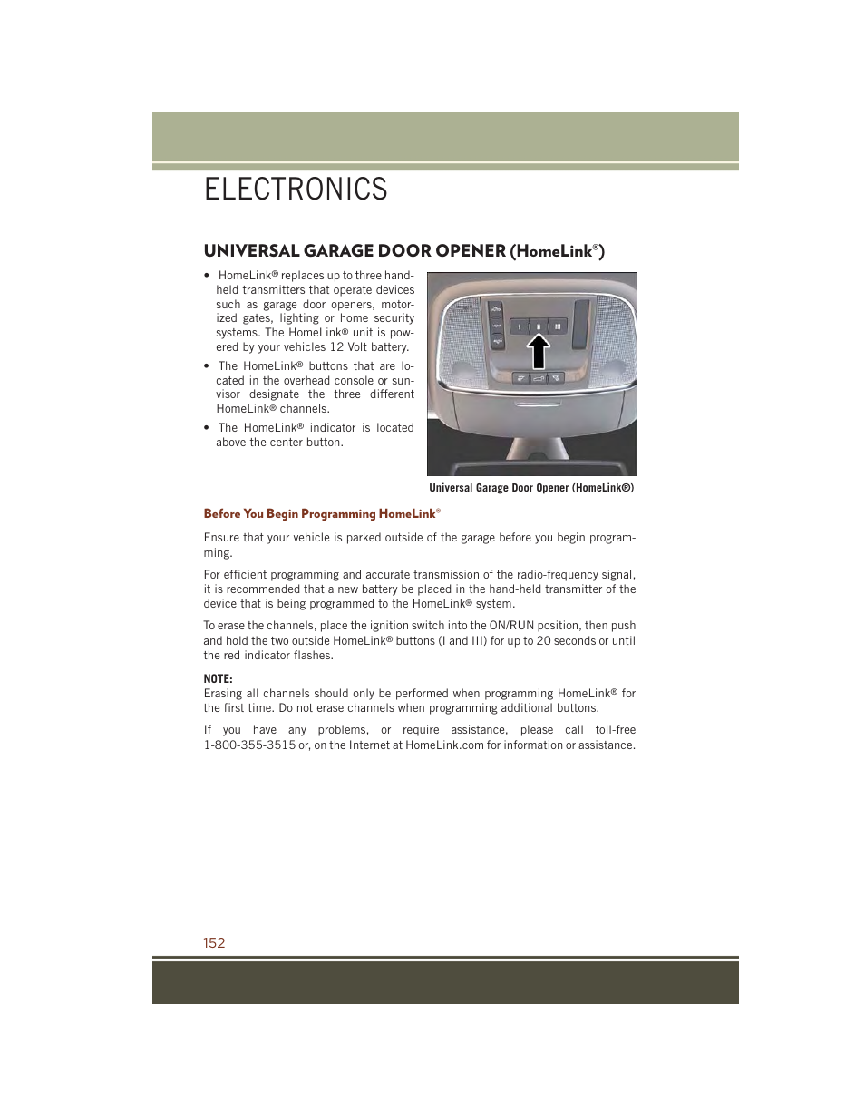 Universal garage door opener (homelink®), Before you begin programming homelink, Universal garage door opener | Homelink, Electronics | Jeep 2015 Grand Cherokee SRT - User Guide User Manual | Page 154 / 268