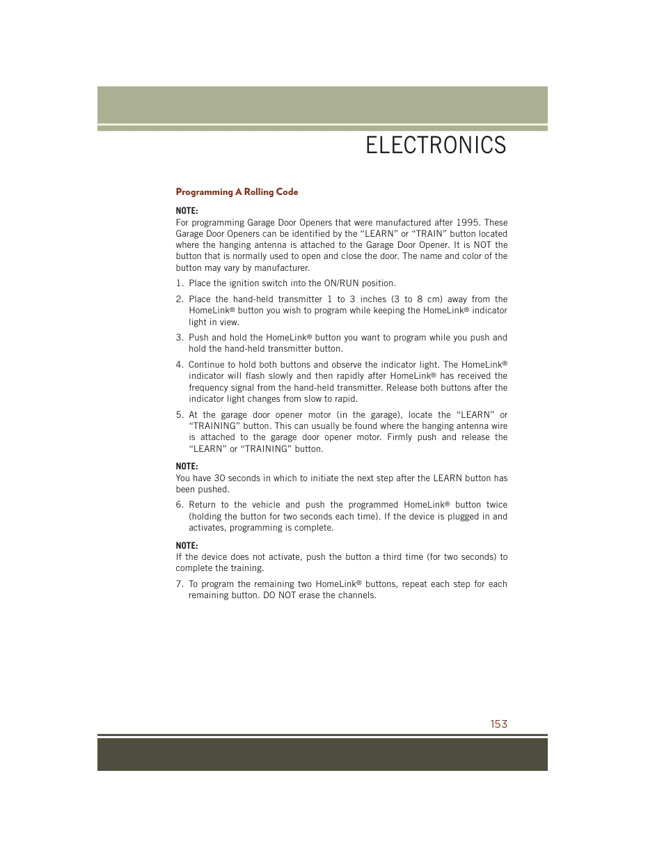 Programming a rolling code, Electronics | Jeep 2015 Grand Cherokee SRT - User Guide User Manual | Page 155 / 268