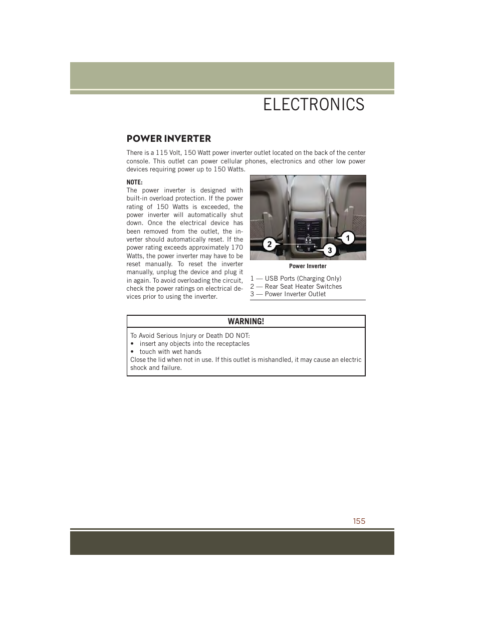Power inverter, Electronics | Jeep 2015 Grand Cherokee SRT - User Guide User Manual | Page 157 / 268