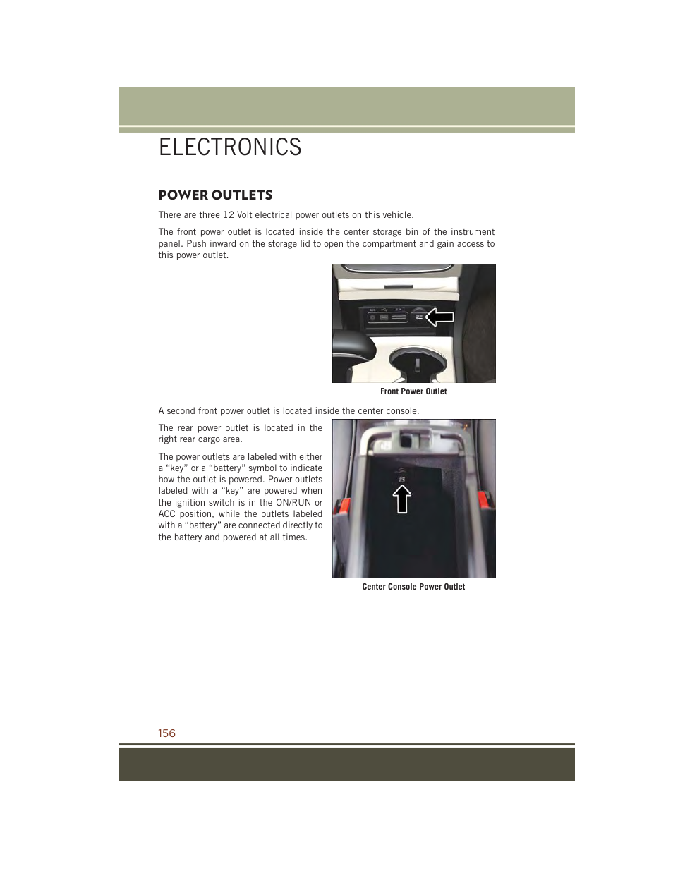 Power outlets, Electronics | Jeep 2015 Grand Cherokee SRT - User Guide User Manual | Page 158 / 268