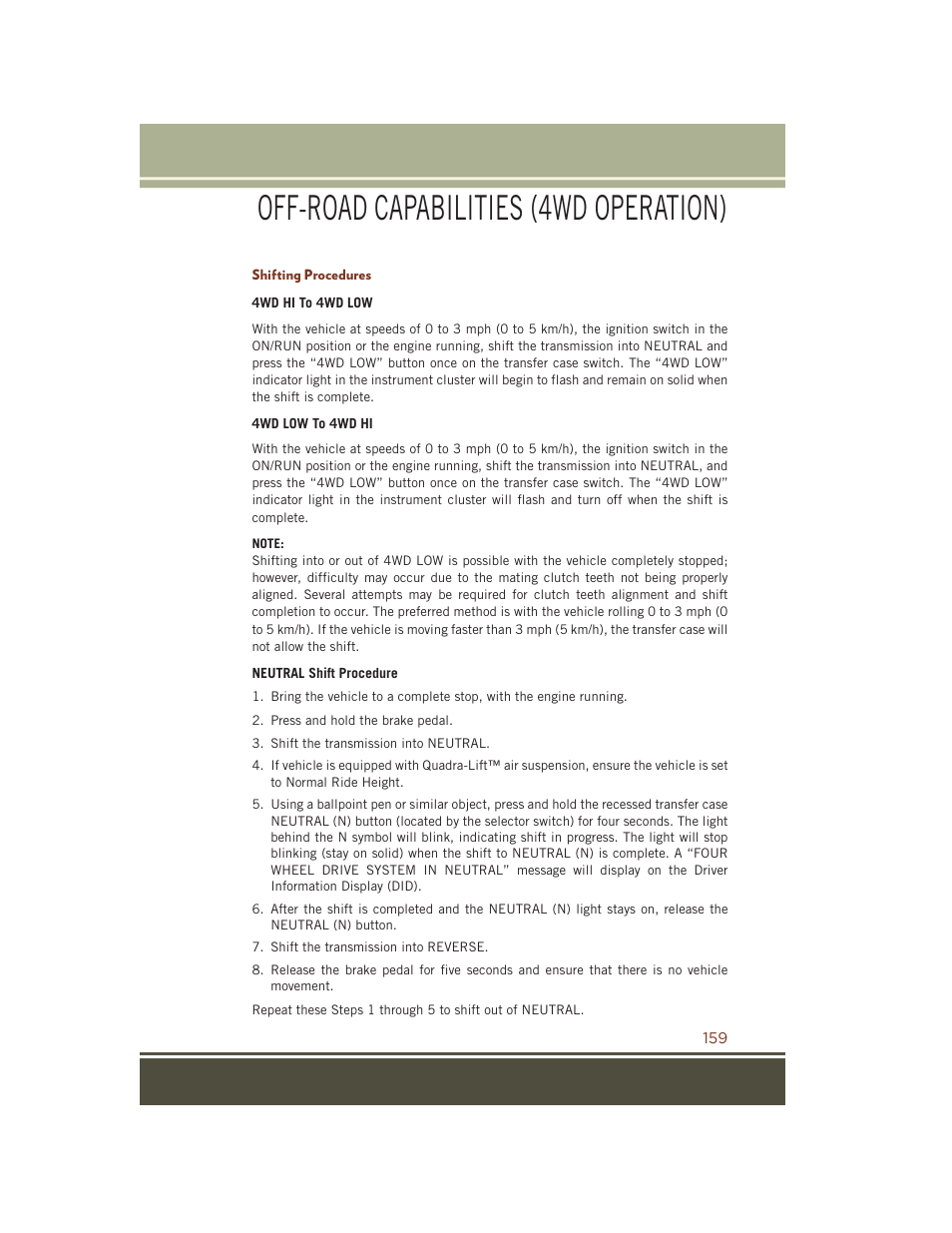 Shifting procedures, Off-road capabilities (4wd operation) | Jeep 2015 Grand Cherokee SRT - User Guide User Manual | Page 161 / 268