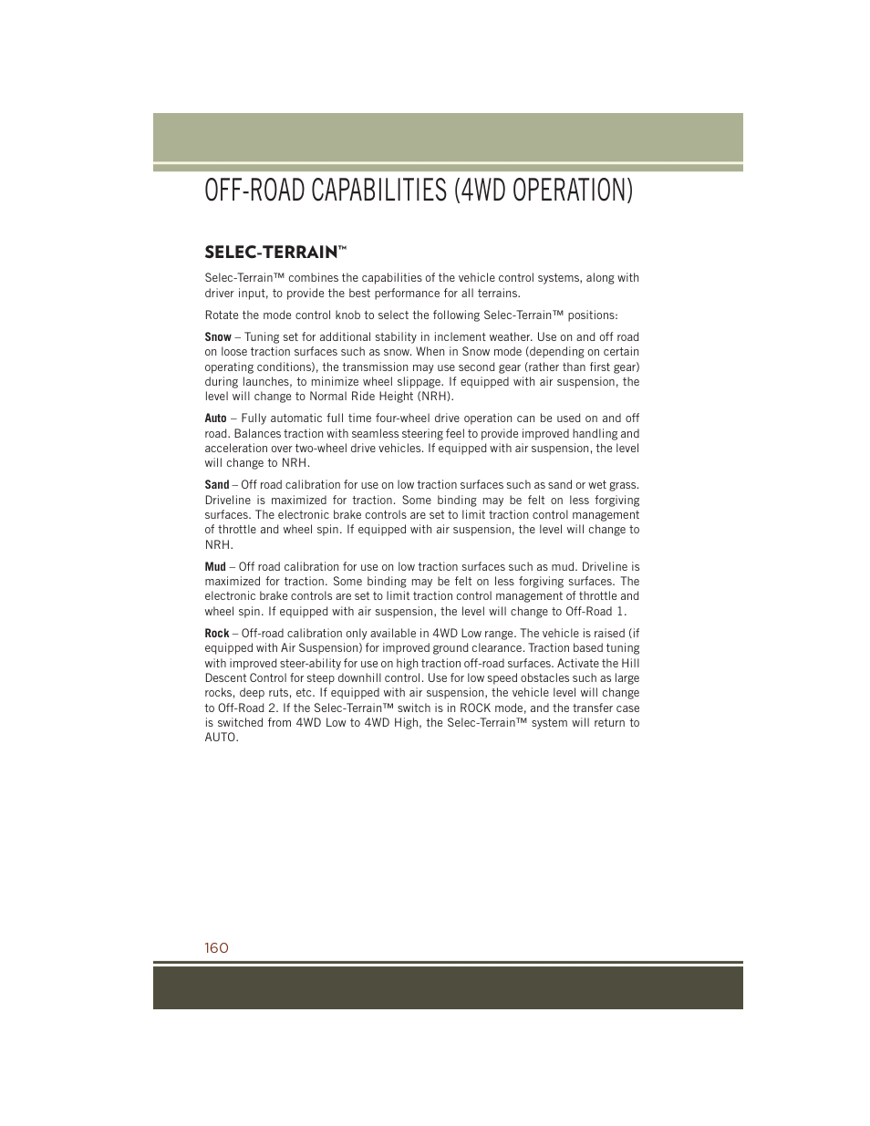 Selec-terrain, Off-road capabilities (4wd operation) | Jeep 2015 Grand Cherokee SRT - User Guide User Manual | Page 162 / 268