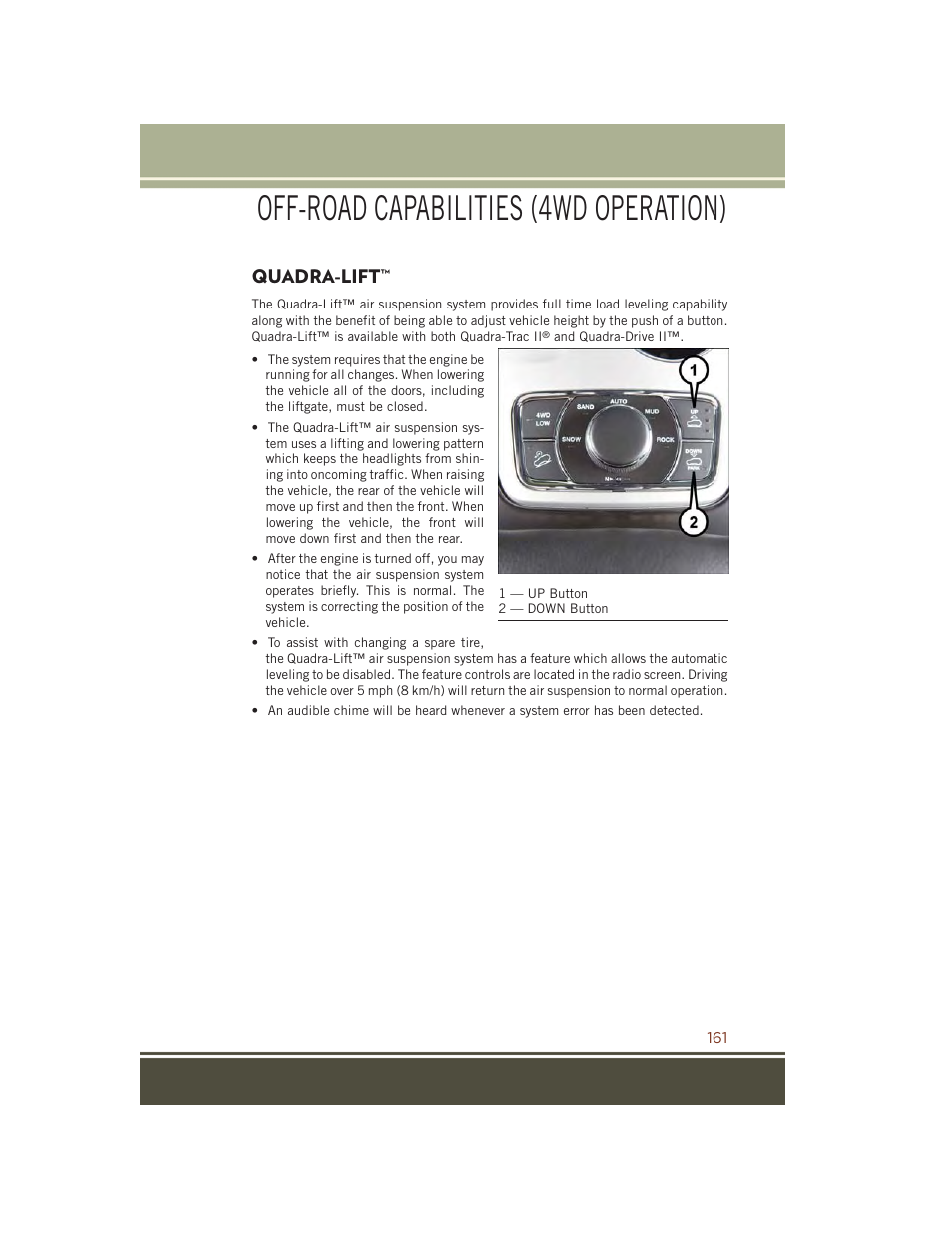 Quadra-lift, Off-road capabilities (4wd operation) | Jeep 2015 Grand Cherokee SRT - User Guide User Manual | Page 163 / 268