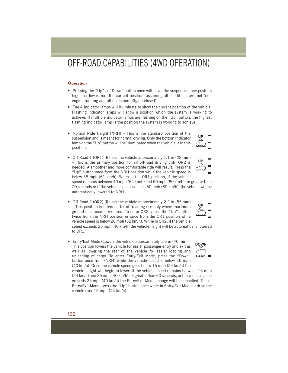 Operation, Off-road capabilities (4wd operation) | Jeep 2015 Grand Cherokee SRT - User Guide User Manual | Page 164 / 268