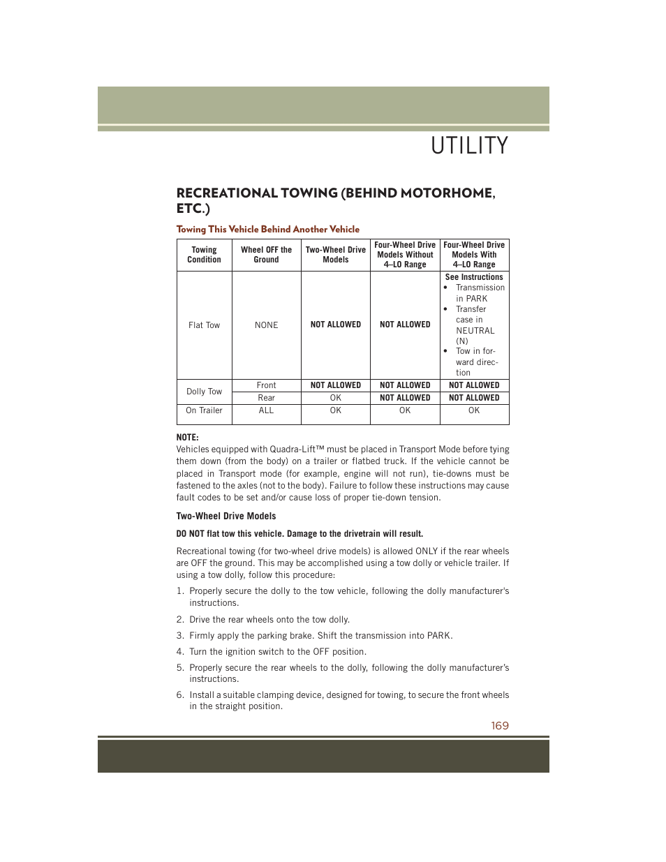 Recreational towing (behind motorhome, etc.), Towing this vehicle behind another vehicle, Recreational towing (behind | Motorhome, etc.), Utility | Jeep 2015 Grand Cherokee SRT - User Guide User Manual | Page 171 / 268