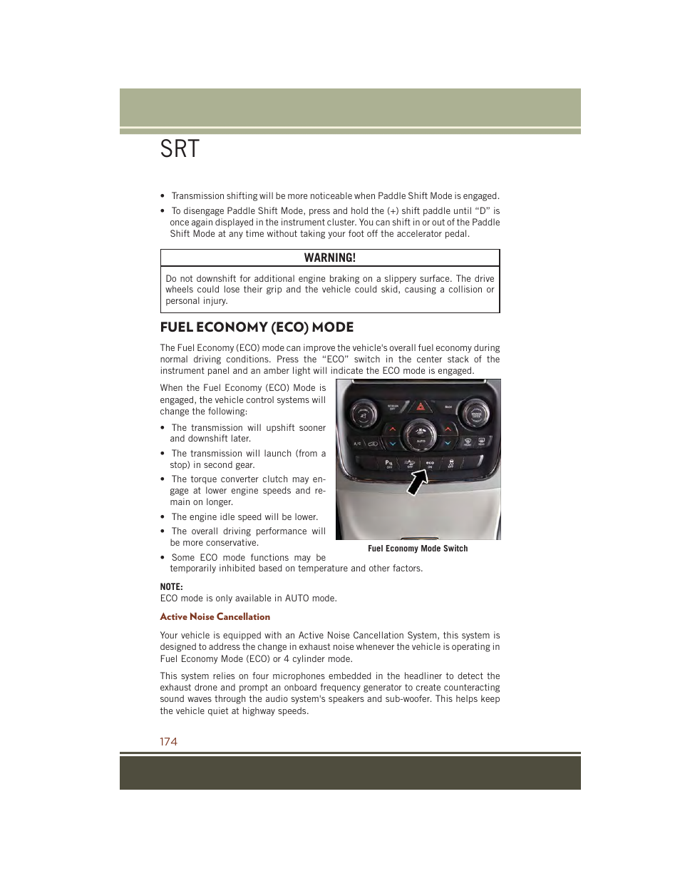 Fuel economy (eco) mode, Active noise cancellation | Jeep 2015 Grand Cherokee SRT - User Guide User Manual | Page 176 / 268