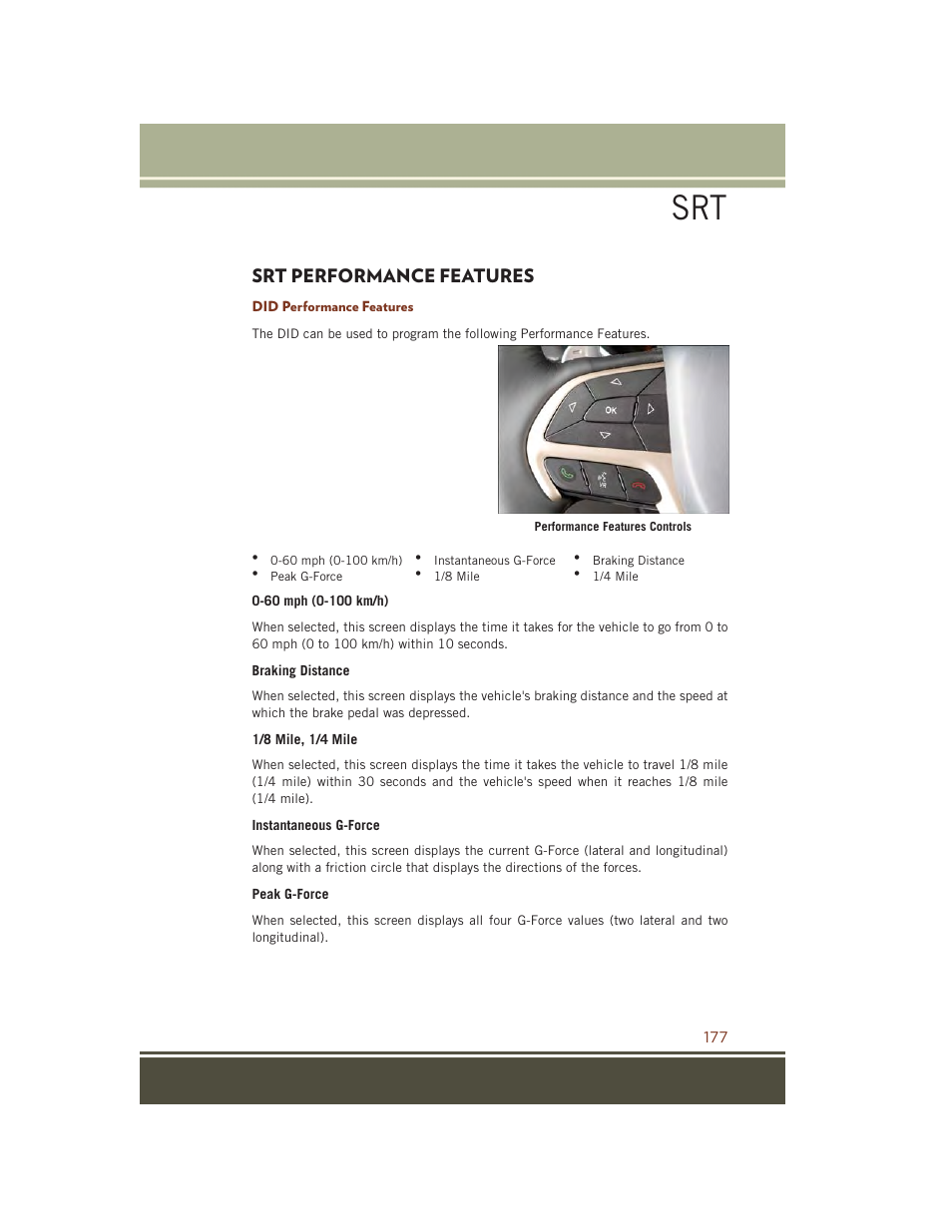 Srt performance features, Did performance features | Jeep 2015 Grand Cherokee SRT - User Guide User Manual | Page 179 / 268