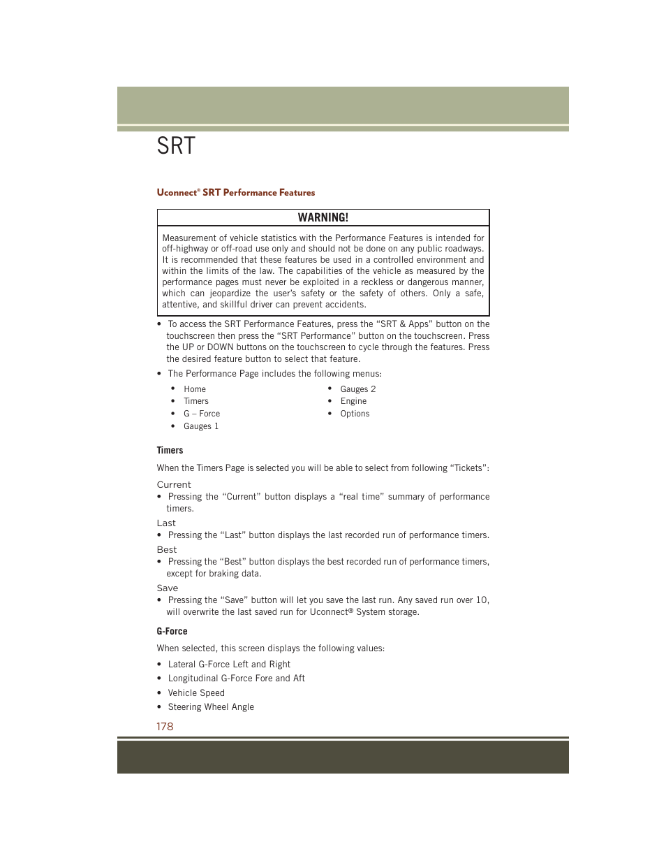 Uconnect® srt performance features | Jeep 2015 Grand Cherokee SRT - User Guide User Manual | Page 180 / 268