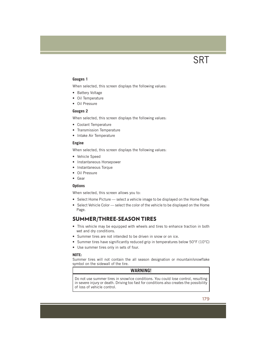 Summer/three-season tires | Jeep 2015 Grand Cherokee SRT - User Guide User Manual | Page 181 / 268