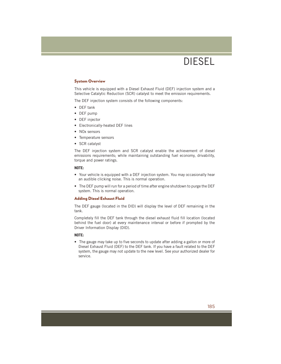 System overview, Adding diesel exhaust fluid, Diesel | Jeep 2015 Grand Cherokee SRT - User Guide User Manual | Page 187 / 268