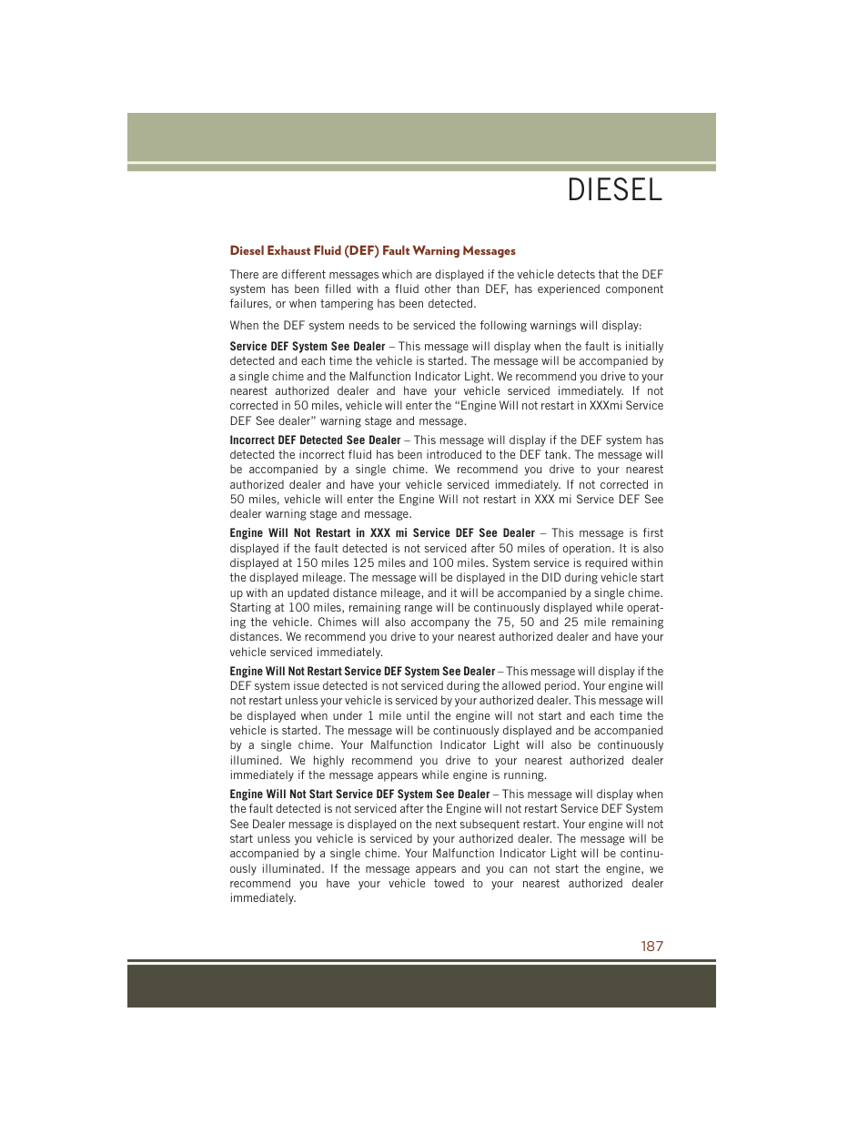 Diesel exhaust fluid (def) fault warning messages, Diesel | Jeep 2015 Grand Cherokee SRT - User Guide User Manual | Page 189 / 268