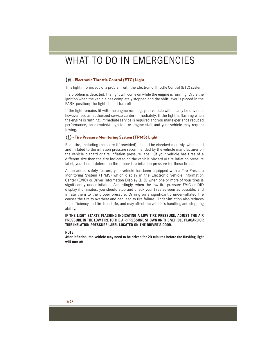 Electronic throttle control (etc) light, Tire pressure monitoring system (tpms) light, What to do in emergencies | Jeep 2015 Grand Cherokee SRT - User Guide User Manual | Page 192 / 268