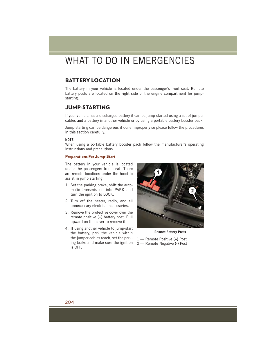 Battery location, Jump-starting, Preparations for jump-start | What to do in emergencies | Jeep 2015 Grand Cherokee SRT - User Guide User Manual | Page 206 / 268