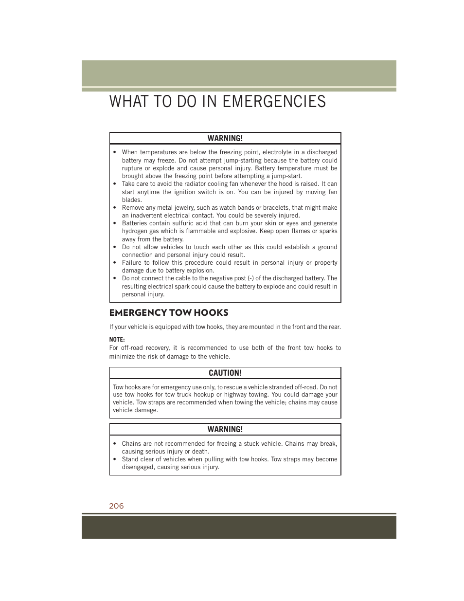 Emergency tow hooks, What to do in emergencies | Jeep 2015 Grand Cherokee SRT - User Guide User Manual | Page 208 / 268