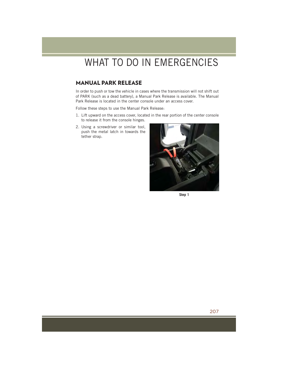 Manual park release, What to do in emergencies | Jeep 2015 Grand Cherokee SRT - User Guide User Manual | Page 209 / 268