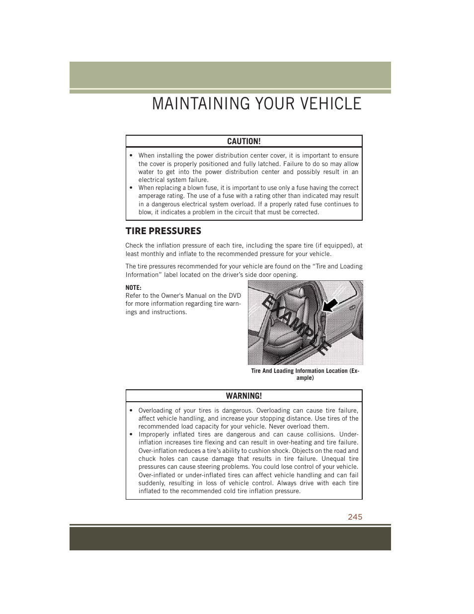 Tire pressures, Maintaining your vehicle | Jeep 2015 Grand Cherokee SRT - User Guide User Manual | Page 247 / 268