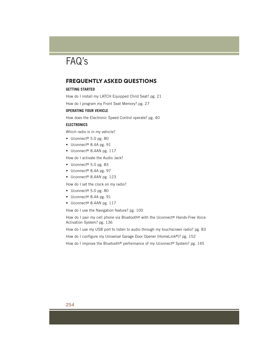 Faq's, Frequently asked questions, Faq’s | Jeep 2015 Grand Cherokee SRT - User Guide User Manual | Page 256 / 268