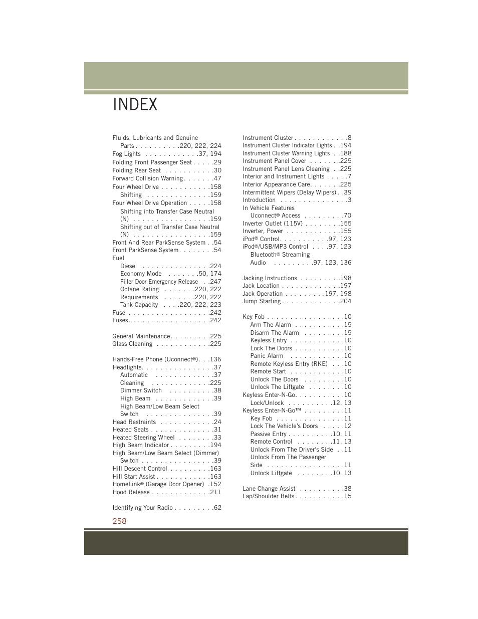 Index | Jeep 2015 Grand Cherokee SRT - User Guide User Manual | Page 260 / 268