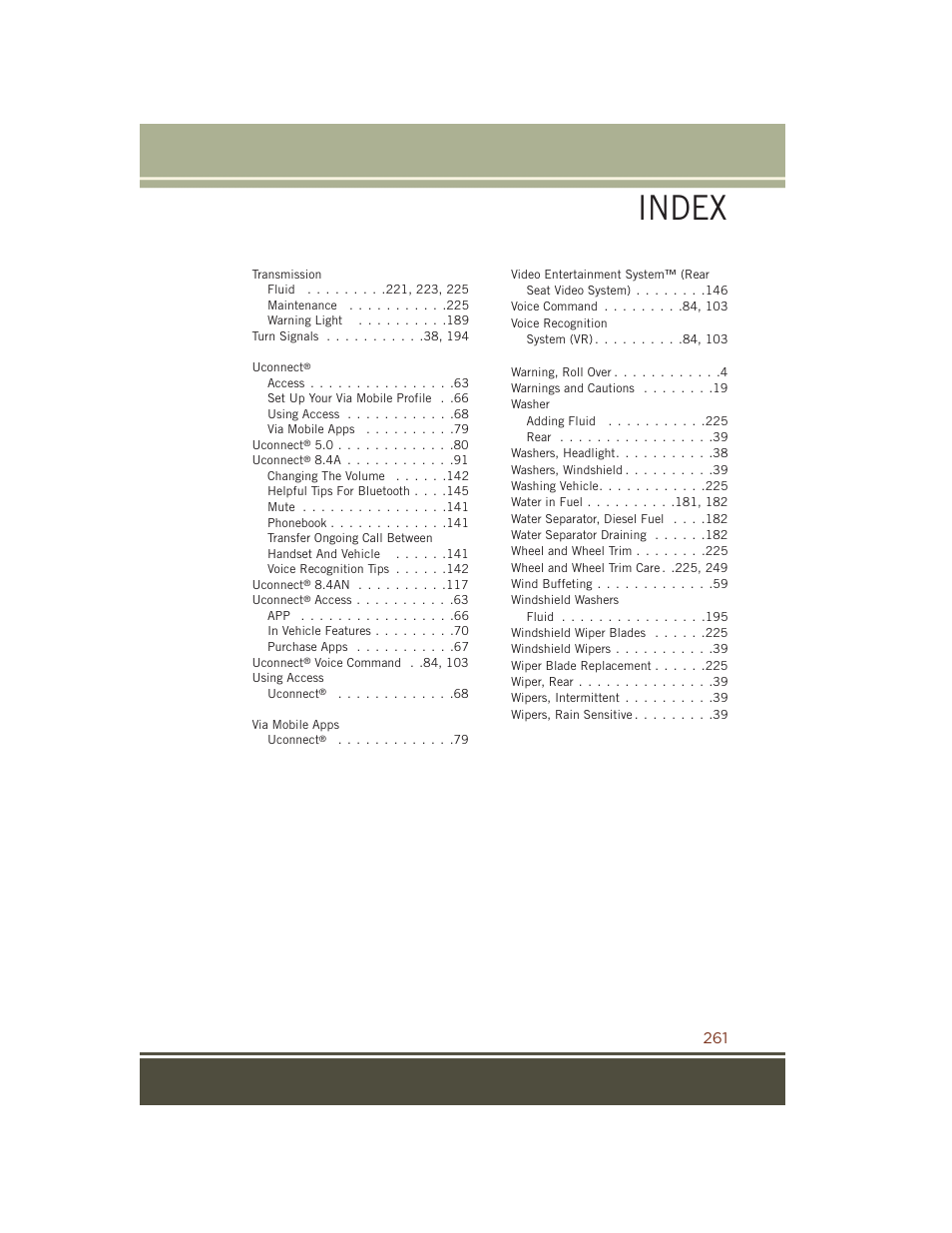 Index | Jeep 2015 Grand Cherokee SRT - User Guide User Manual | Page 263 / 268