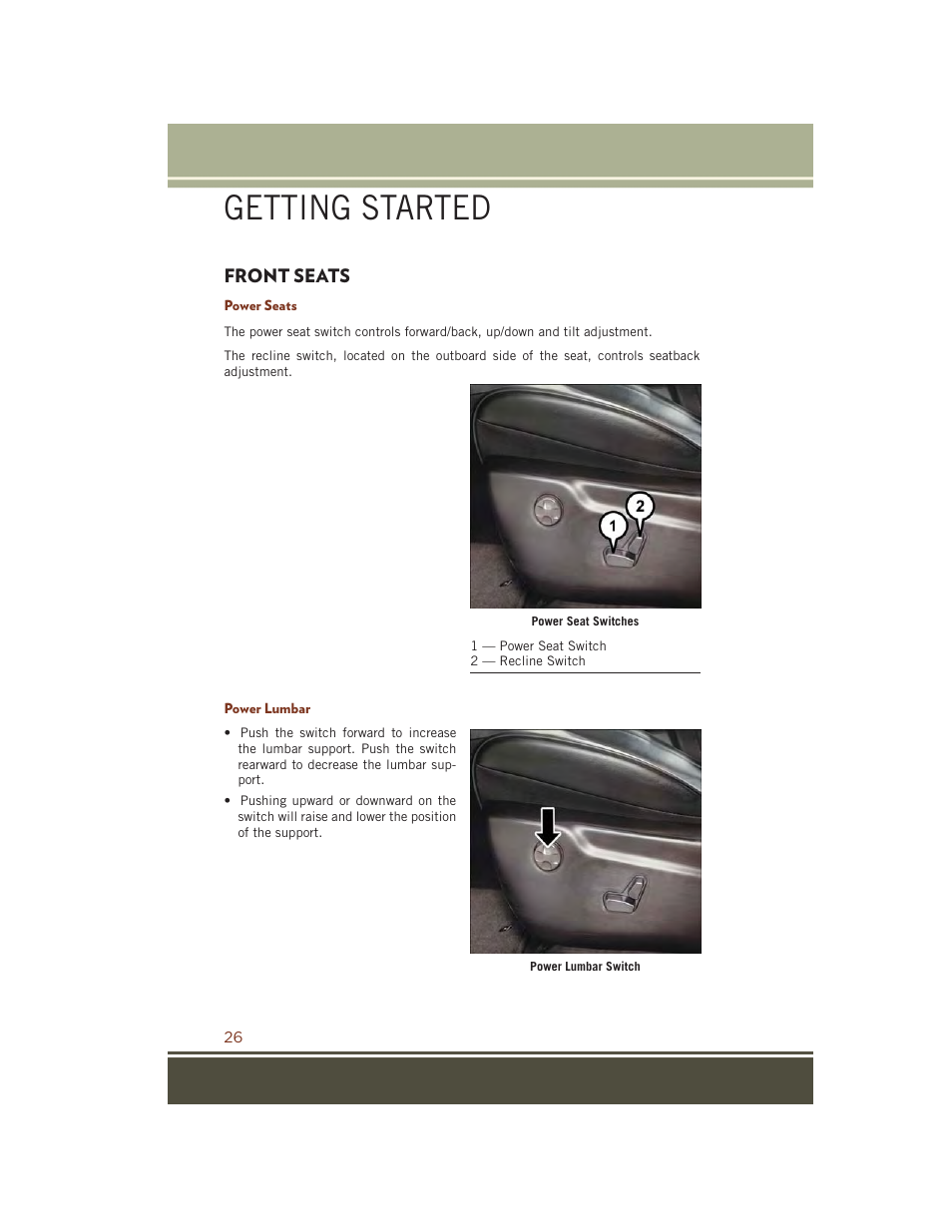 Front seats, Power seats, Power lumbar | Getting started | Jeep 2015 Grand Cherokee SRT - User Guide User Manual | Page 28 / 268