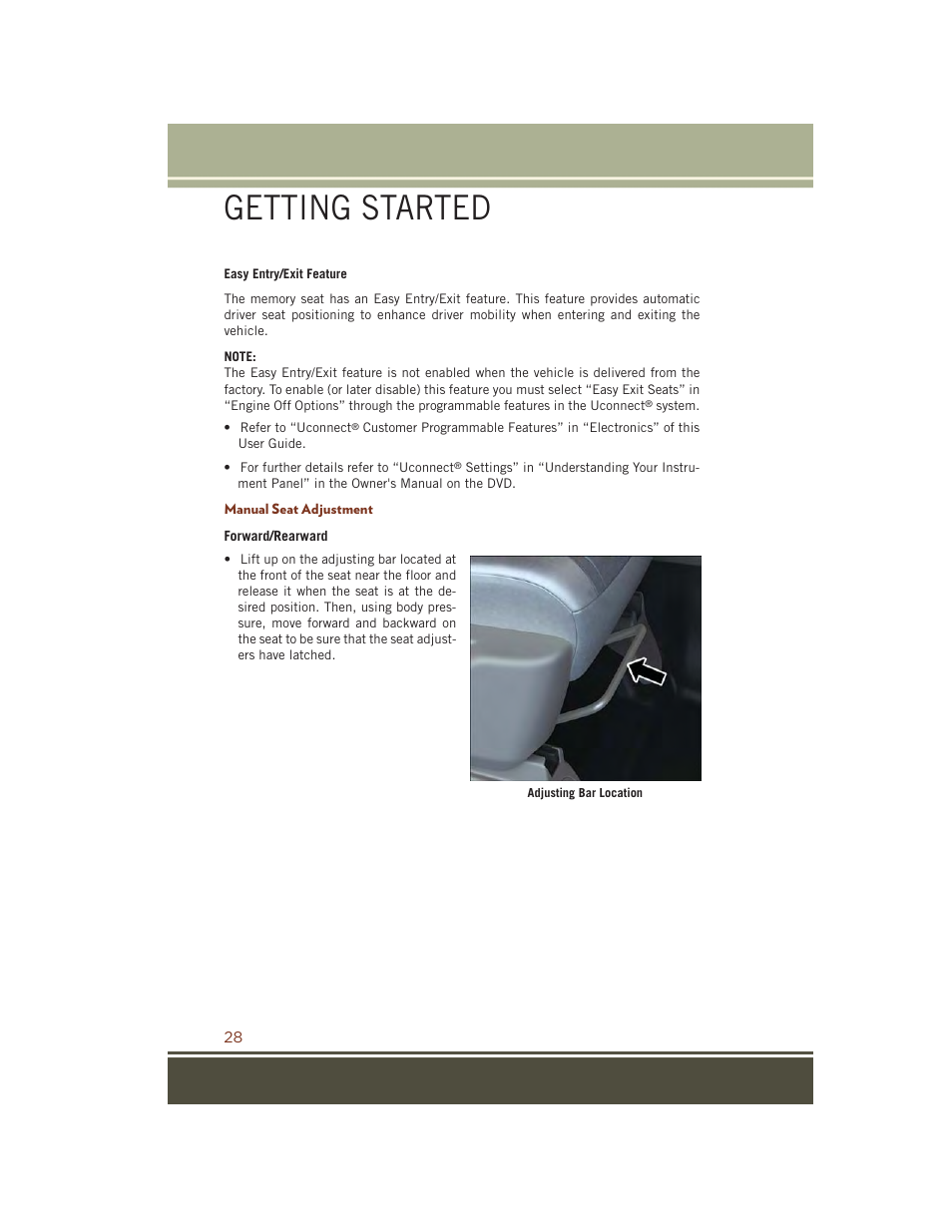 Manual seat adjustment, Getting started | Jeep 2015 Grand Cherokee SRT - User Guide User Manual | Page 30 / 268